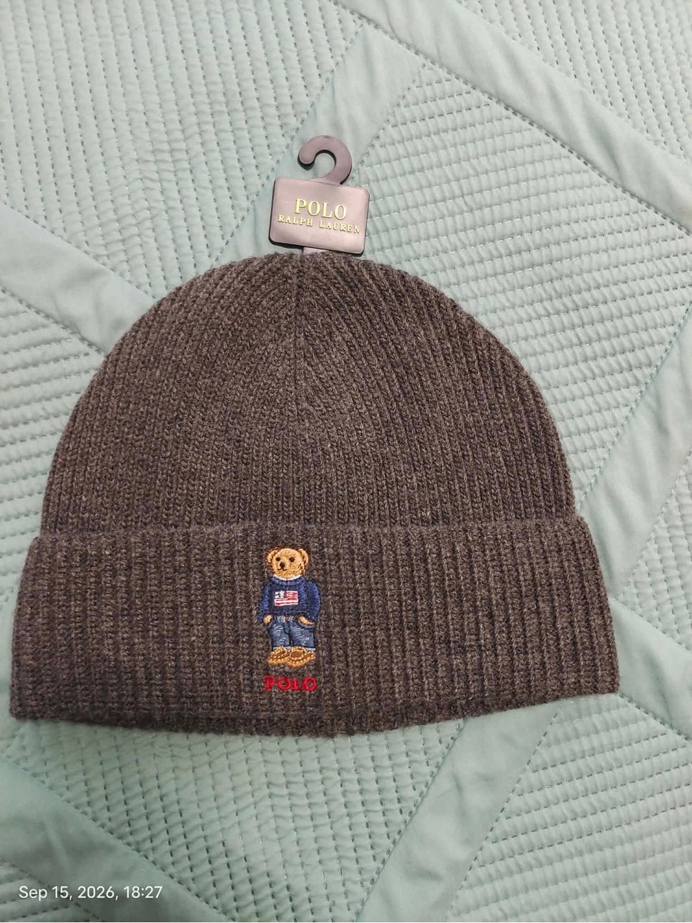 NWOT Polo Ralph Lauren Solid Flag Bear Beanie Charcoal Gray
